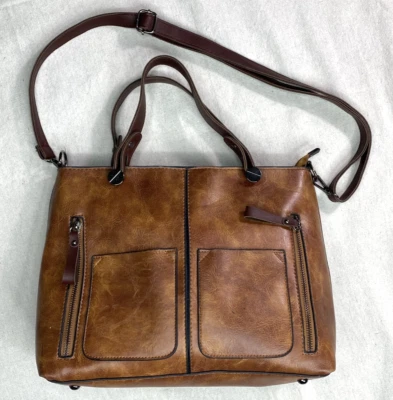 Leather Crossbody Bag Tote Multi-Pocket Brown 12.5 x 4 x 9.5 in - Image 1 of 4