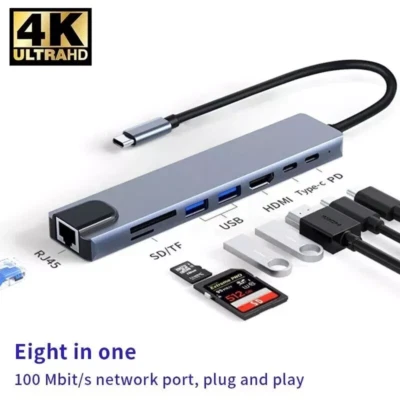 8 in 1 USB-C Hub Adapter 4K HDMI USB 3.0 Micro SD LAN RJ45 Ethernet Hub Docking - Bild 1 von 4