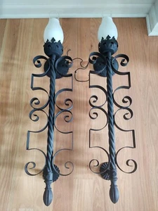 ✨Lg. 34" Vintage Wrought Iron Scroll Gothic Spanish Revival Wall Sconces Lights - Picture 1 of 11