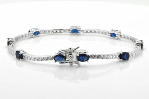 925 Sterlingsilber Ovalschliff Art Deco blauer Saphir Tennis Kurve Armband 7" Zoll  - Bild 1 von 8