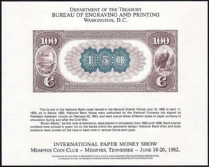 1982 IPMS Memphis Souvenir Card NSC16 B-56 $100 brown back 1882 note - Picture 1 of 1