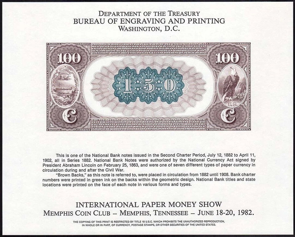 1982 IPMS Memphis Souvenir Card NSC16 B-56 $100 brown back 1882 note - Image 1 of 1