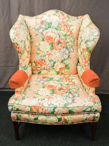 Baker Chippendale Style Mahogany Wing Chair Silk & Velvet Fabric Cover