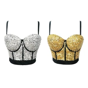 Women Glitter Sequins Beaded Bustier Bra Ravel Jewelry Push Up Corset Camisole - Picture 1 of 9