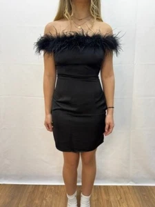 ISIF Satin Bardot Feather Trim Bodycon Dress - Picture 1 of 4