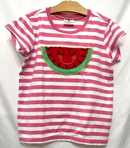 240478 Girls 140 HANNA ANDERSSON Watermelon Applique S/S Striped Tee T Shirt GUC - Picture 1 of 4