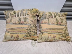 Vintage Tapestry Pair Pillow Decor Terrace Gardens Lake Como Fringe - Picture 1 of 13