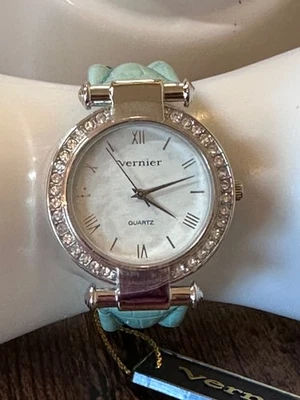 Vernier Women's Watch Quartz Aqua Leather Band Silver Tone New In Box - Image 1 of 4