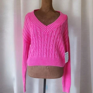 NWT Madden NYC Sweater Size M Cable Cropped Jumper Pullover Cotton Pink - Picture 1 of 8