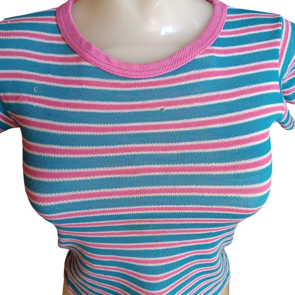 XXS Camiseta Vintage Punto Único Rayas Tejido Top Años 70 Niñas 12 Timbres Delgados Foto 1 de 4