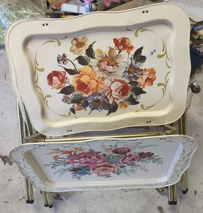 Vintage MCM Floral TV Trays Set Of 6 w/ Rolling Stand Imperfections -See Photos - Picture 1 of 16
