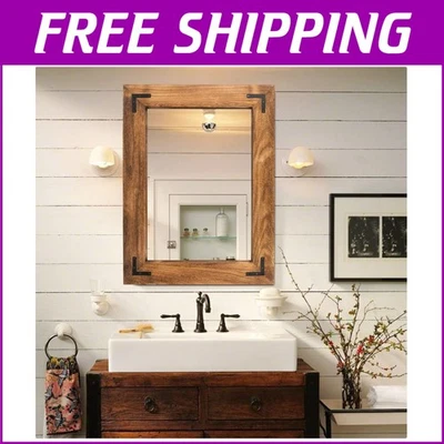 Natural Wood 32" x 24" Farmhouse Mirror - Versatile Vertical or Horizontal Mount - Image 1 of 4