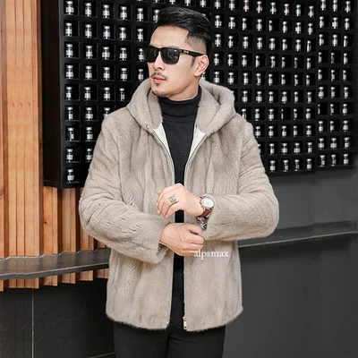 Men's Velvet Hooded Jacket Casual Faux Fur Warm Coat Thickened Mink Windbreaker - Image 1 of 4