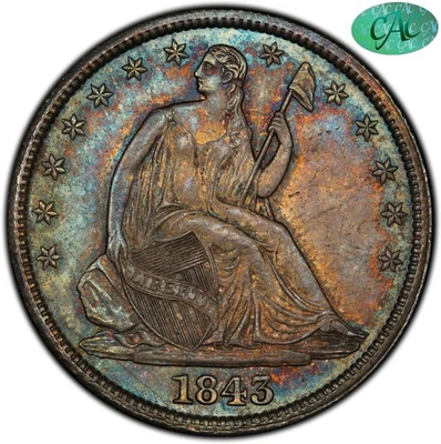 1843 50C MS65+ PCGS CAC Toned Color Liberty Seated Half Near Finest - Image 1 of 4