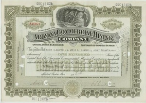 Certificado de acciones de Arizona Commercial Mining Company oliva - Imagen 1 de 1
