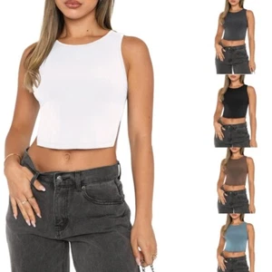 Women Solid Color Crop Top Sleeveless Side Split Hem Bodycon Racerback Vest - Picture 1 of 23