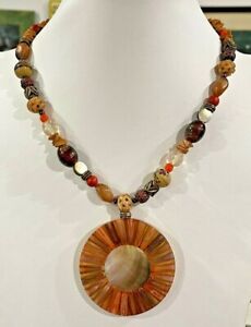 Chico's Chicos Mother of Pearl Wood Lucite Disc Glass Carved Brown Bead Necklace