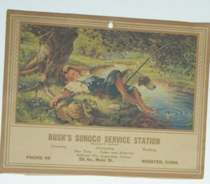 Bush's Sunoco Service Station Winsted Connecticut Front of Calendar Ad Fishing - Picture 1 of 2