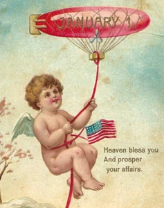 BABY NEUJAHR Cherub gezogen von Dirigible mit amerikanischer Flagge! - Zeppelin Luftschiff - Bild 1 von 3