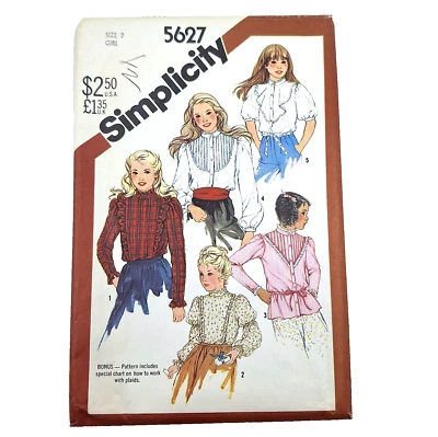Simplicity 5627 Girls VTG 80s Set of Button Front Blouses Size 7 Pattern UC FF - Image 1 of 4