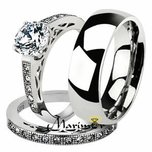 His & Her 3pc Stainless Steel 1.39 Ct Cz Bridal Set & Men's Classic Wedding Band