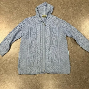 Aran Crafts Sweater Merino Wool Cable Knit Full Zip Hooded Lt Blue Women's 2XL - Picture 1 of 22