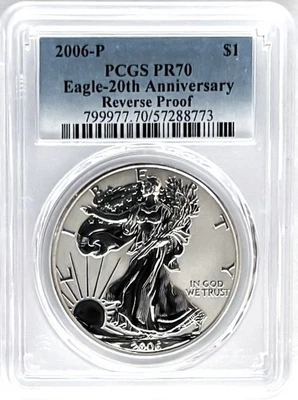 2006 P REVERSE PROOF SILVER EAGLE FROM 20TH ANNIVERSARY SET PCGS PR70 BLUE LABEL - Image 1 of 2