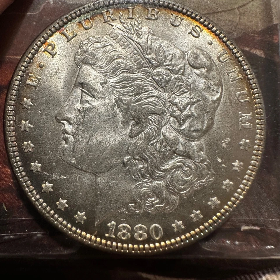 Dólar de plata Morgan 1880 VAM-10 8/7 bits borde UNC tonificado obv/rev Foto 1 de 4