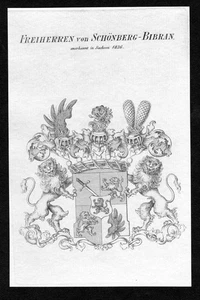 1836 - Schönberg Bibran Coat of Arms Copper Engraving Antique - Picture 1 of 1