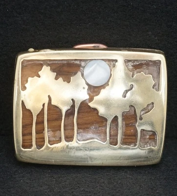 WA15146 HEBILLA DE CINTURÓN VINTAGE AÑOS 70 *BOSQUE* LATÓN Y MADERA Foto 1 de 2