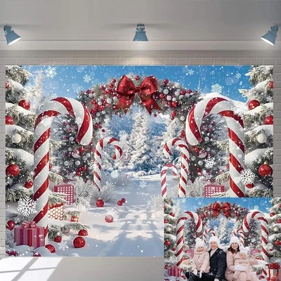 Merry Christmas Candy Cane Backdrop for Photography Winter Snow Scenery Chris... - Image 1 of 4