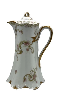Cioccolatiera porcellana Haviland Limoges teiera caffè fiori rosa e blu oro - Foto 1 di 19