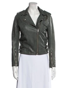 Maje Authentic Solid Sage Green Lamb Leather Biker Moto Jacket 36 Small - Picture 1 of 7