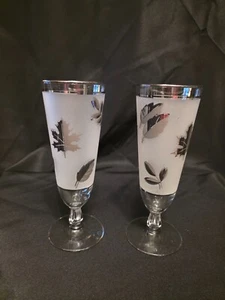 Vintage Libby Silver Leaf Frosted Footed Pilsner Glass 8" Tall Set of 2 - Picture 1 of 2