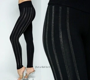 USA New VOCAL Womens SOLID BLACK CRYSTAL BLING STRETCH LEGGINGS PANTS S M L XL - Picture 1 of 8