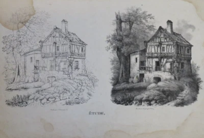 GRANDE LITHO XIX° ETUDE DESSIN PAYSAGE MAISON CAMPAGNE ARBRE MOSELLE METZ - Photo 1/4