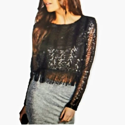 NUEVO Top Boohoo Noche Negro Manga Larga Lentejuelas Borla Cremallera Trasera Talla 6 Foto 1 de 4