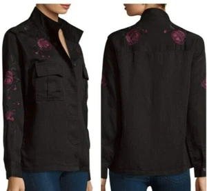 Camicia utility ricamata Rails Elliot taglia XS nera rose metallizzate tasca shacket - Foto 1 di 13