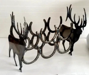 Metal Horseshoe Wine Rack 6 bottles Cutouts Deer Western Bar Countertop 17x13x15 - Picture 1 of 12