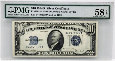 1934D $10 Silver Certificate Fr#1705W Wide (BA Block) Clark/Snyder - PMG 58 EPQ - Image 1 of 2
