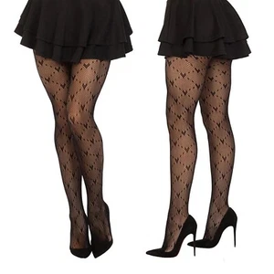 Womens Black Heart Pattern Fishnet Tights Ladies Valentines Lace Hosiery UK 6-16 - Picture 1 of 4