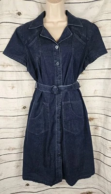 Talbots Petites Dark Denim Shirt Dress 12 P Belted Cotton Blend Button Front - Image 1 of 4