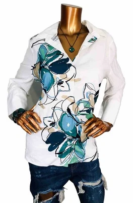 Camisa Chico's 3 o XL Top Elastizada Sin Planchar Floral Abotonada 3/4Sl Negocios Bonita Foto 1 de 4