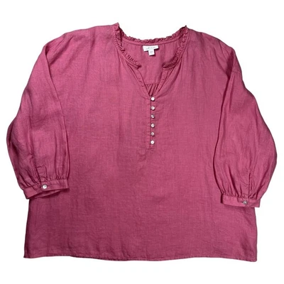 J Jill Love 亚麻女式粉色 V 领衬衫 L 码 3/4 袖波西米亚荷叶边 — 第 1/4 张图片