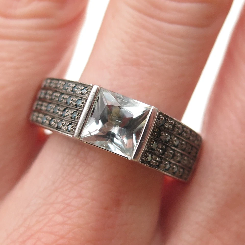 Anillo de plata de ley 925 con diamantes azules reales y aguamarina talla 11 Foto 1 de 4