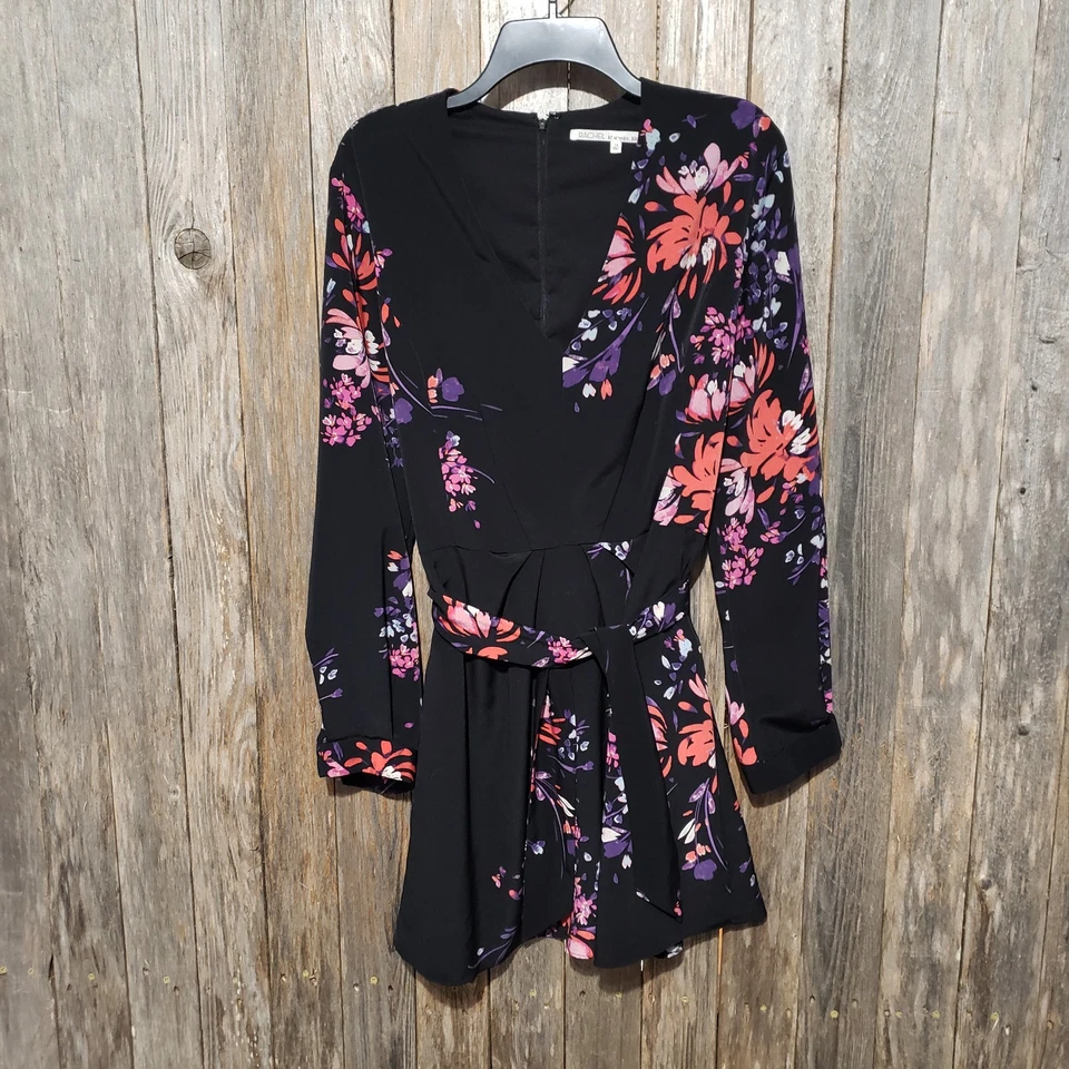 Rachel Roy 14 Women's Mini Dress Wrap Tie Belt Black Floral Long Sleeve V Neck - Image 1 of 4