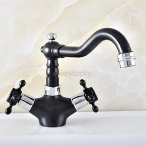 Grifo mezclador de fregadero de doble manija con caño giratorio para grifo de baño con montaje en cubierta cromado negro - Imagen 1 de 11