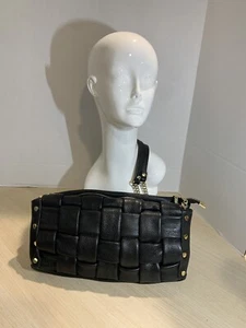 Valentina Fiore Black Woven Leather Gold Studded Handbag w/ Gold Chain Strap - Picture 1 of 19