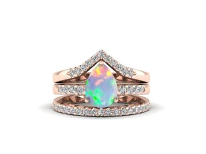 2.25 Pear Opal Engagement Ring Set Unique Opal Promise Ring Rose Gold Ring Set - Picture 1 of 7