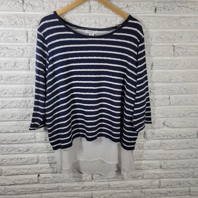 Liz Claiborne Womens Top 3X Plus Knit 3/4 Sleeve Blue Stripe Chiffon Hem Lined - Image 1 of 4